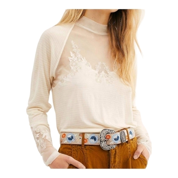 Free People Womens Saheli Mesh Embroidery Blouse Sz Small Coquette Romantic - Picture 3 of 10